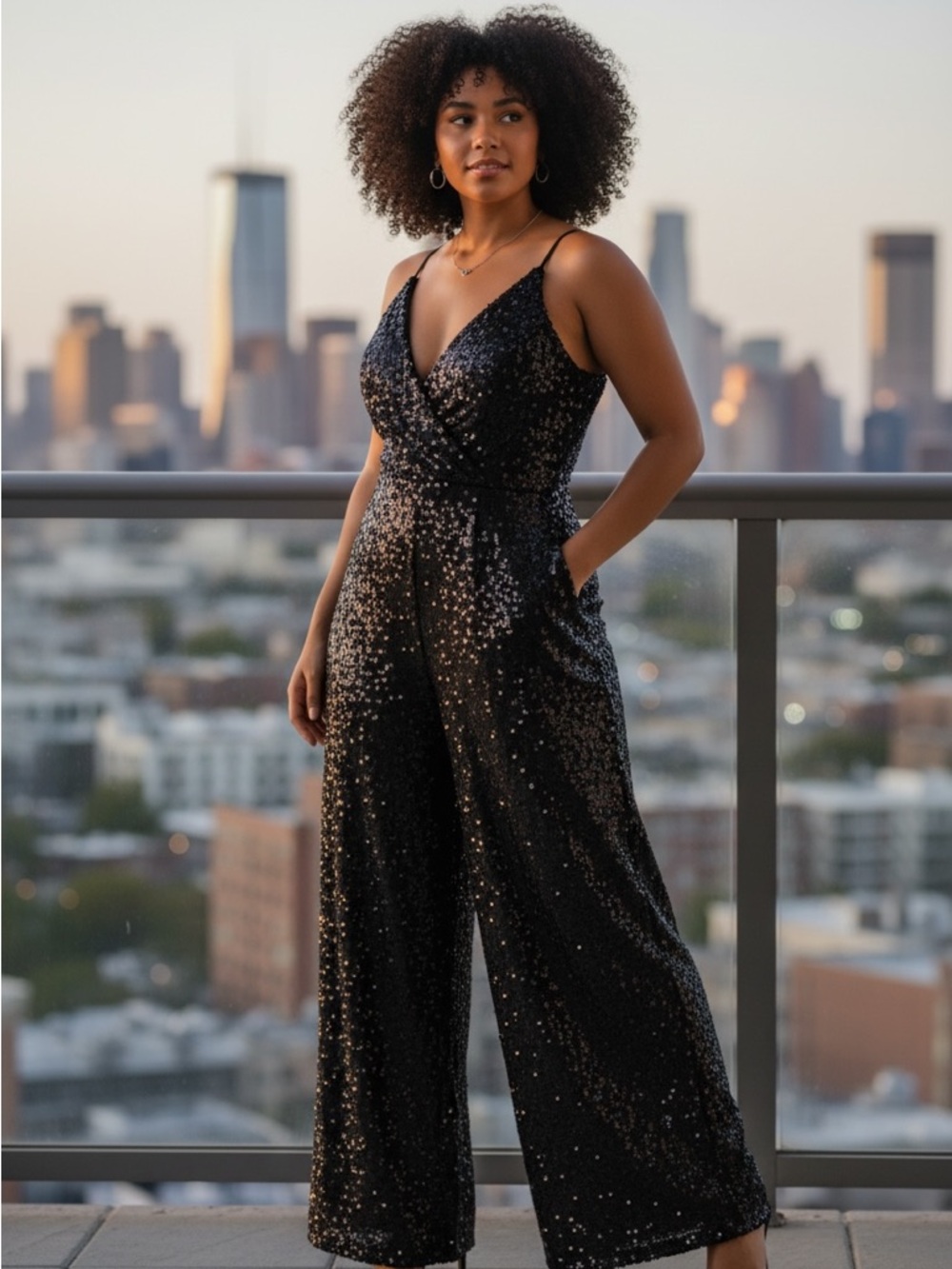 SHEIN Black Sequin Wide-Leg Wrap Jumpsuit
